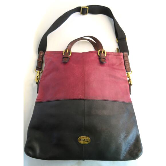 Vtg. FOSSIL Explorer Leather Tote Crossbody Shoulder Bag Black/Mauve - Picture 2 of 11